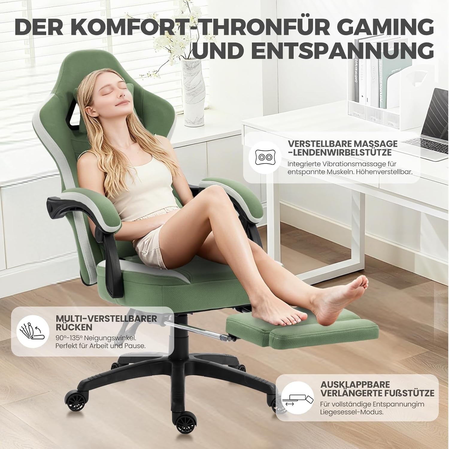 Massage Gaming Chair Fabric Recliner w/ Footrest 150kg Green