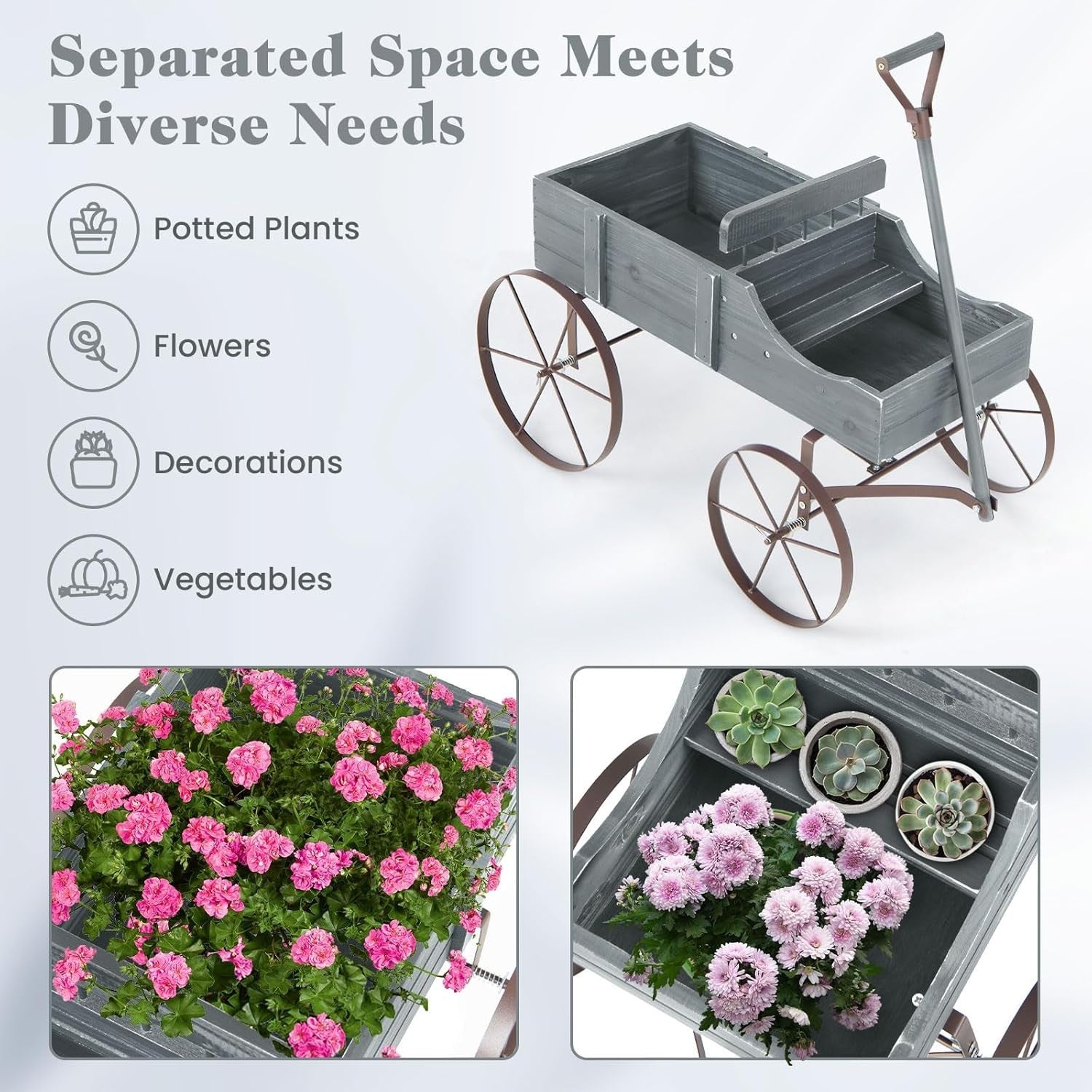 Grey Wooden Garden Wagon Planter Rustic Flower Pot Stand w/ Handle & Wheels