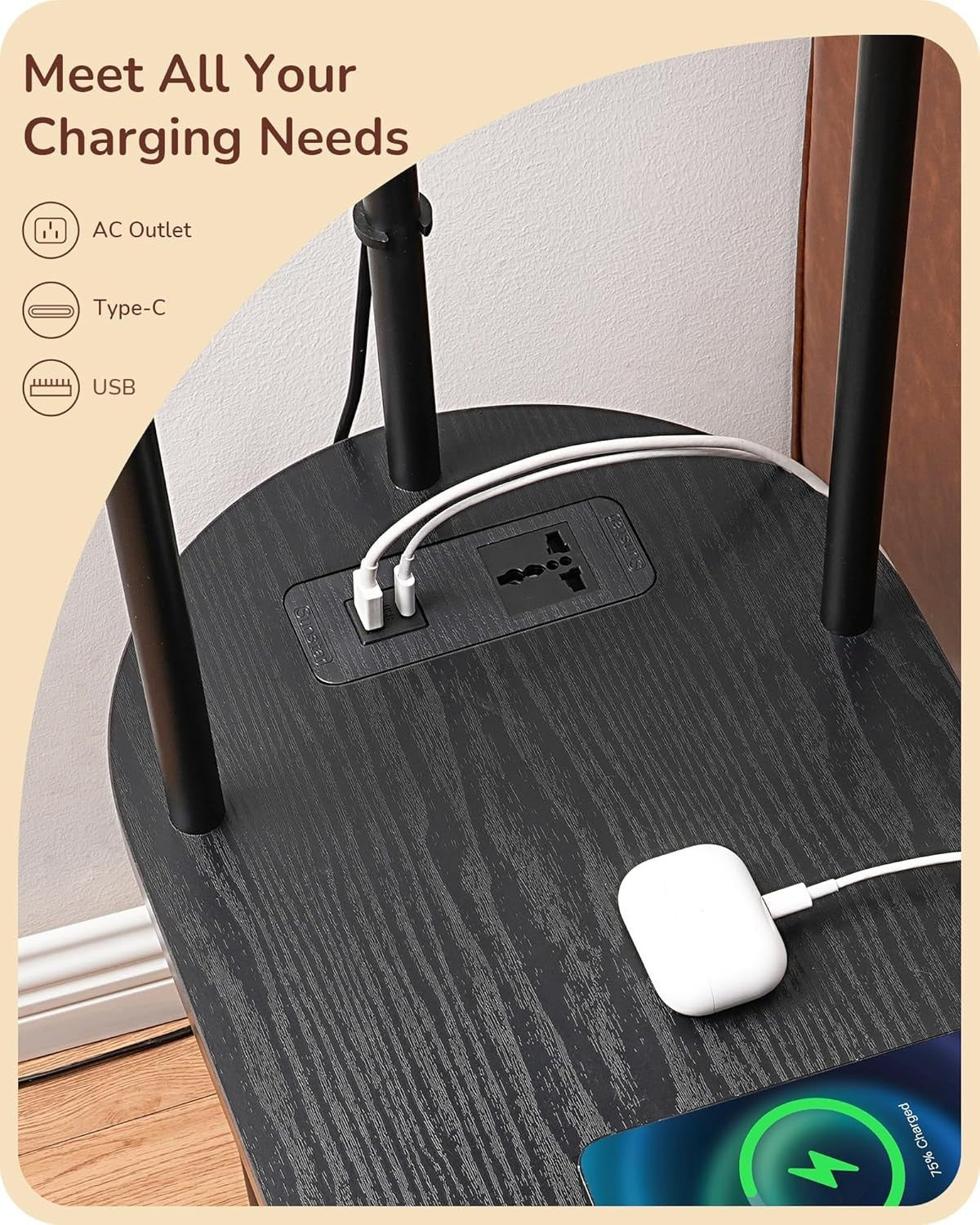 LED Floor Lamp with Storage Shelves, USB Charging, 3 Color Temps, 65” Tall