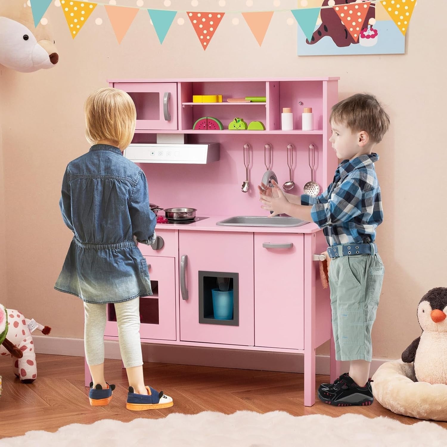 Wooden Kids Play Kitchen Pink Toy Set Microwave Oven Ice Maker Sound