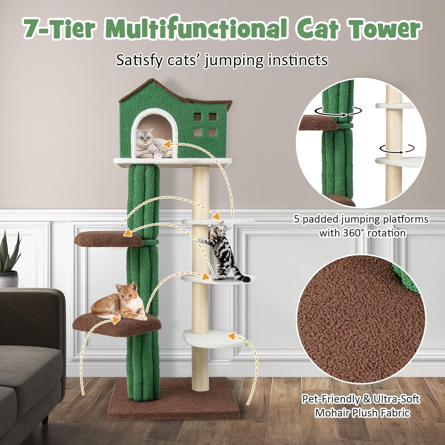 Tall Cat Tree 7 Tier Indoor Tower with Condo Plush Platforms Heavy Duty 61”