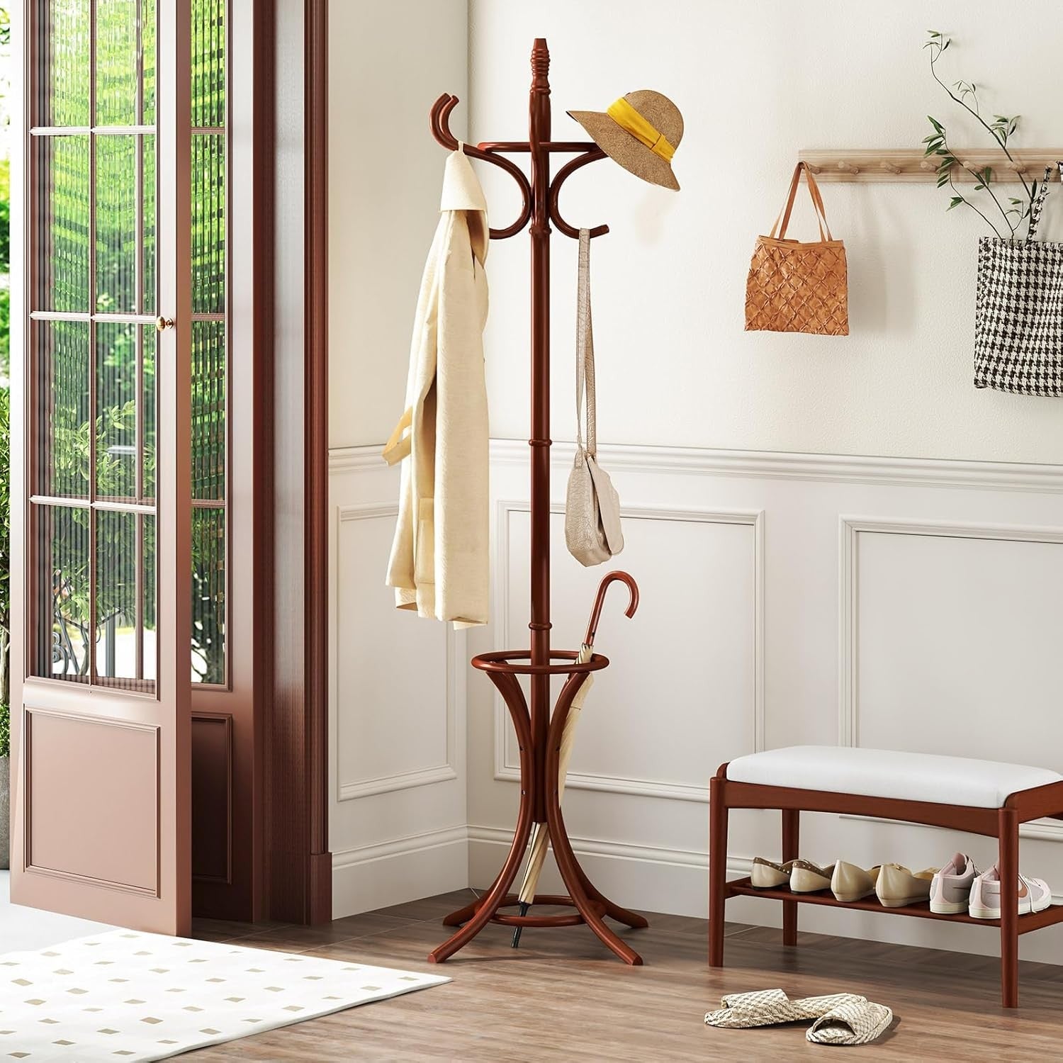 Wooden Coat Rack Stand 12 Hooks & Umbrella Holder | 73” Freestanding Hall Tree