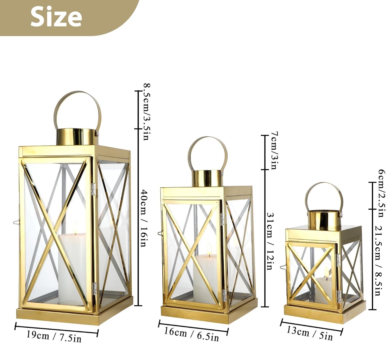Set of 3 Gold Stainless Steel Lanterns Candle Holders