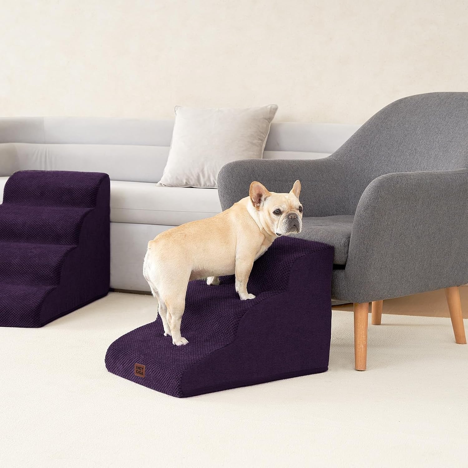 3 Step Dog Stairs for Bed Non Slip Foam Pet Steps Purple