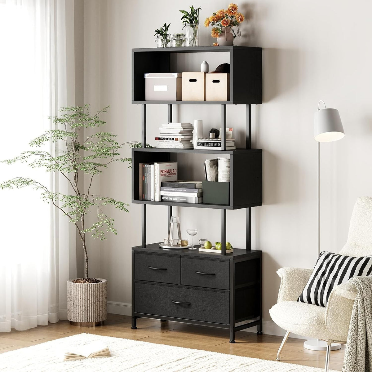 5 Tier Black Bookcase with 3 Fabric Drawers Metal Frame Storage Shelf 155cm