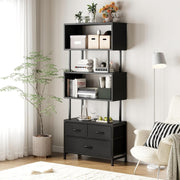 5 Tier Black Bookcase with 3 Fabric Drawers Metal Frame Storage Shelf 155cm