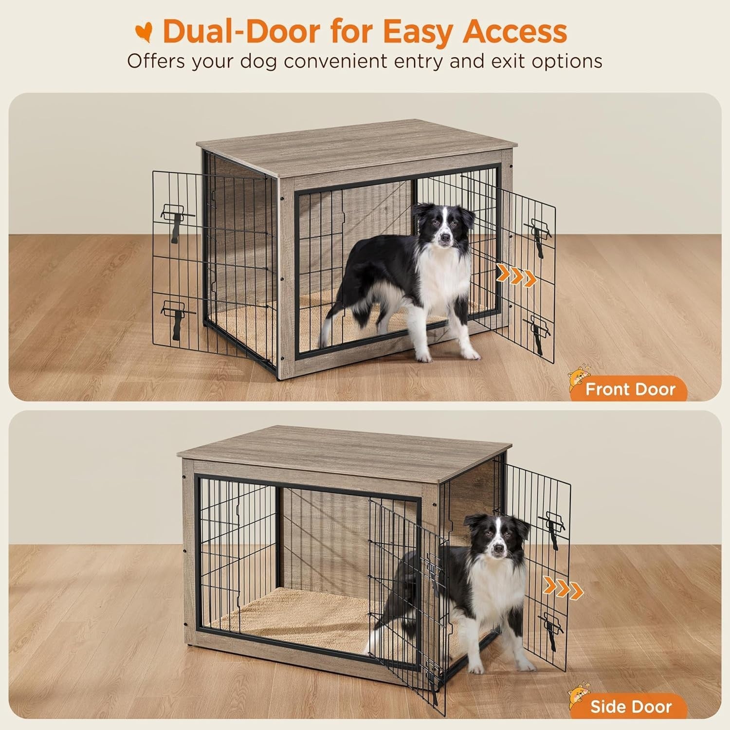 Stylish Medium Dog Crate Furniture with Cushion & Double Doors 96x65x67.5cm