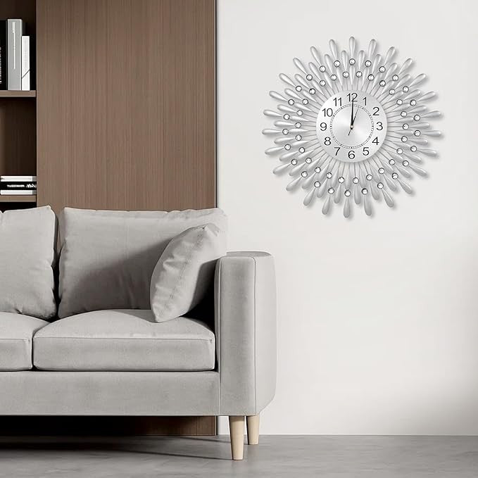60cm Silver Sunflower Wall Clock Silent Modern Large Metal Diamond Beaded Decor