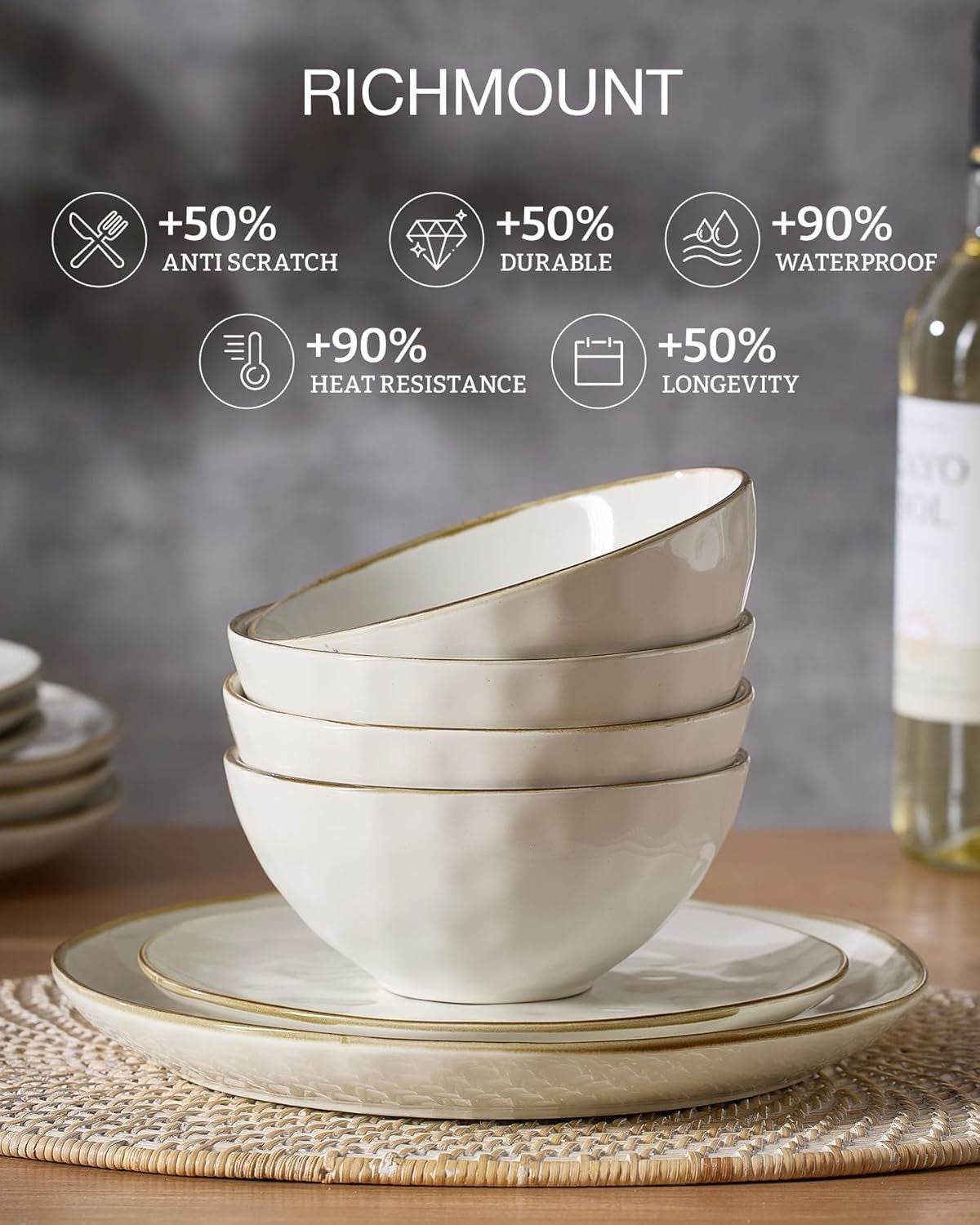 12pc Stoneware Dinnerware Set Plates Bowls Beige Service for 4