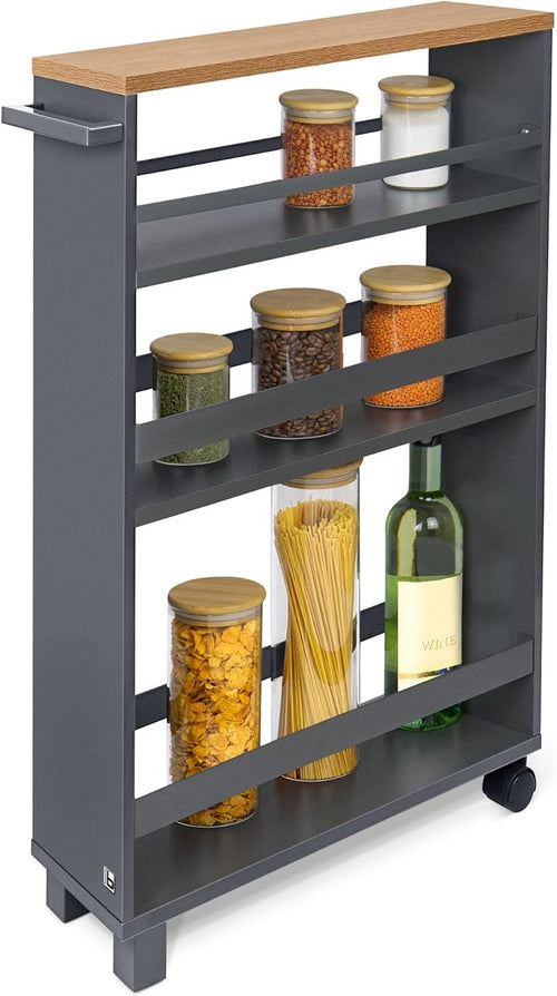 Slim Kitchen Storage Trolley Narrow Rolling Cart 3 Shelf Under Counter