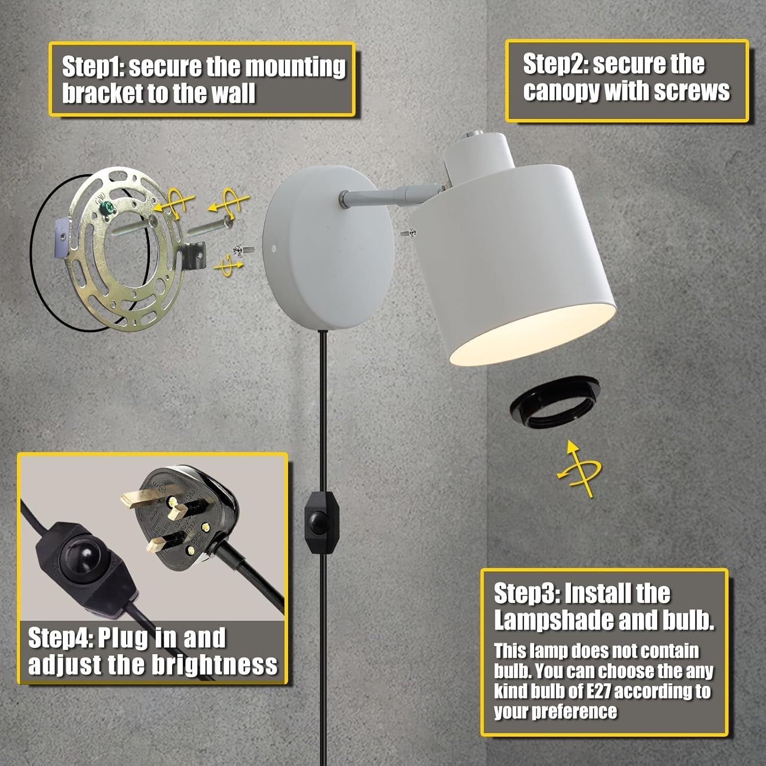Dimmable Plug-in Wall Sconce Light, 360° Rotatable, Modern Metal Lamp