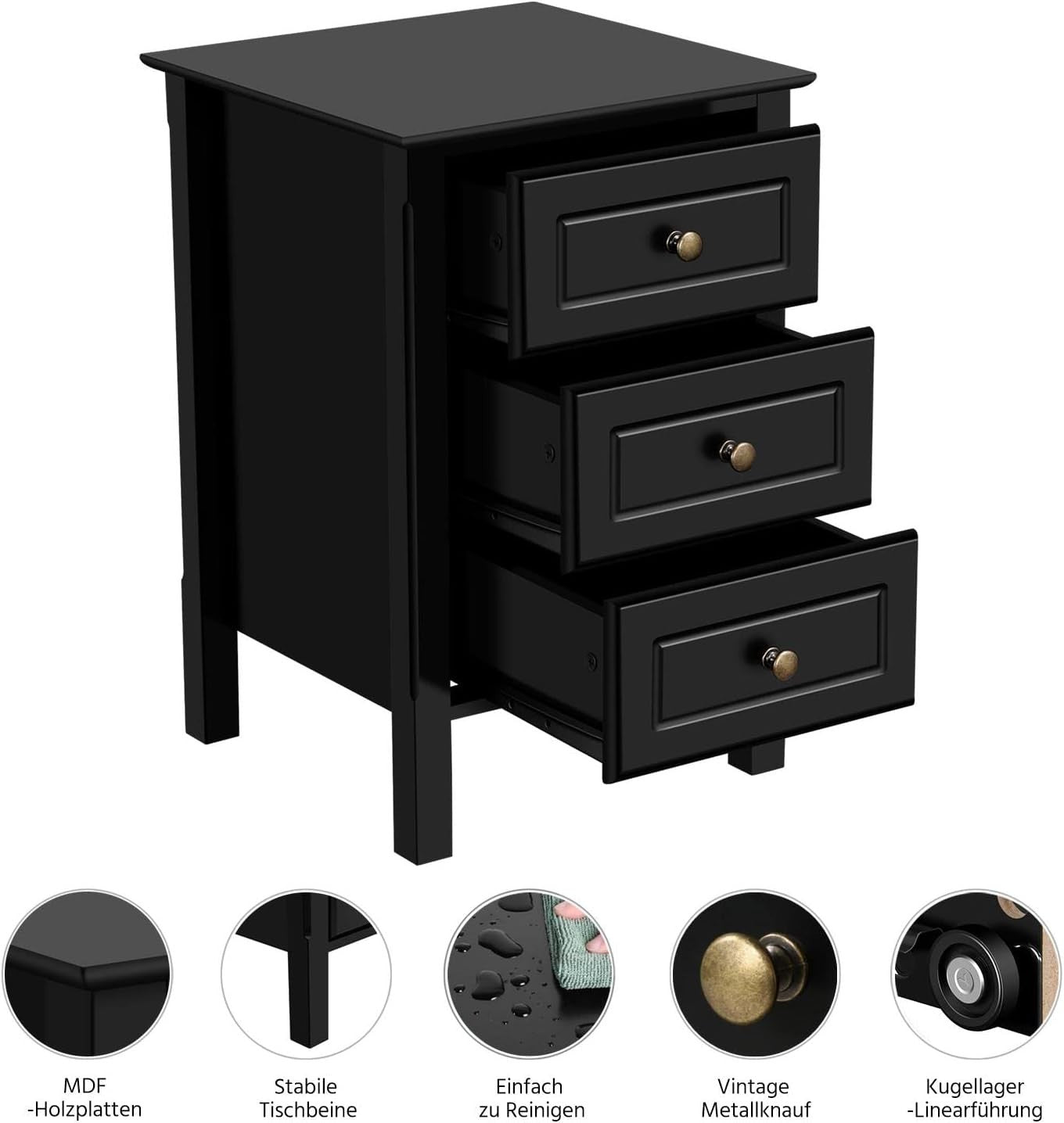 Set of 2 Black Bedside Tables with 3 Drawers, Wooden Nightstands 40x40x60cm