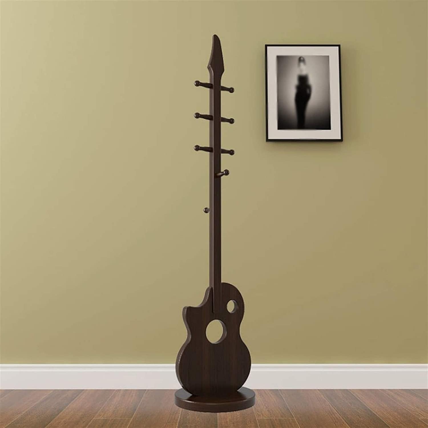 Brown Guitar Shape Wooden Coat Rack 8 Hooks Artistic Freestanding Hall Stand