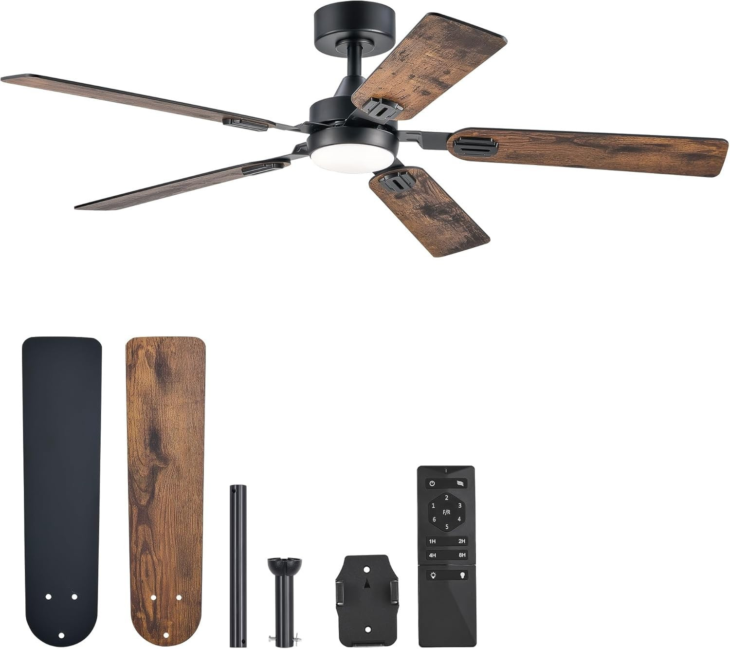 52" Ceiling Fan with Light, 6-Speed, Remote, Reversible, Black/Brown