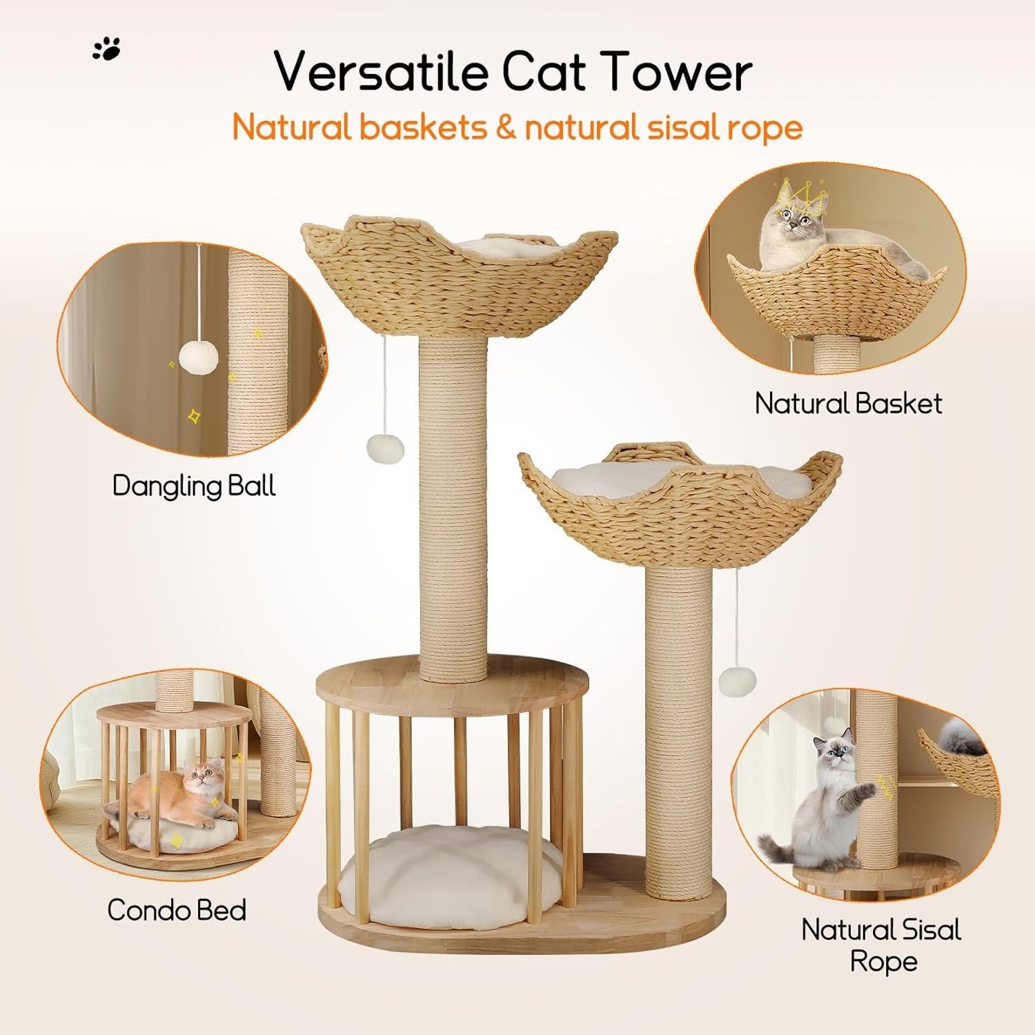 Wooden Cat Tree Tower 3 Tier Plush Condo Sisal Scratch Post Indoor Climber