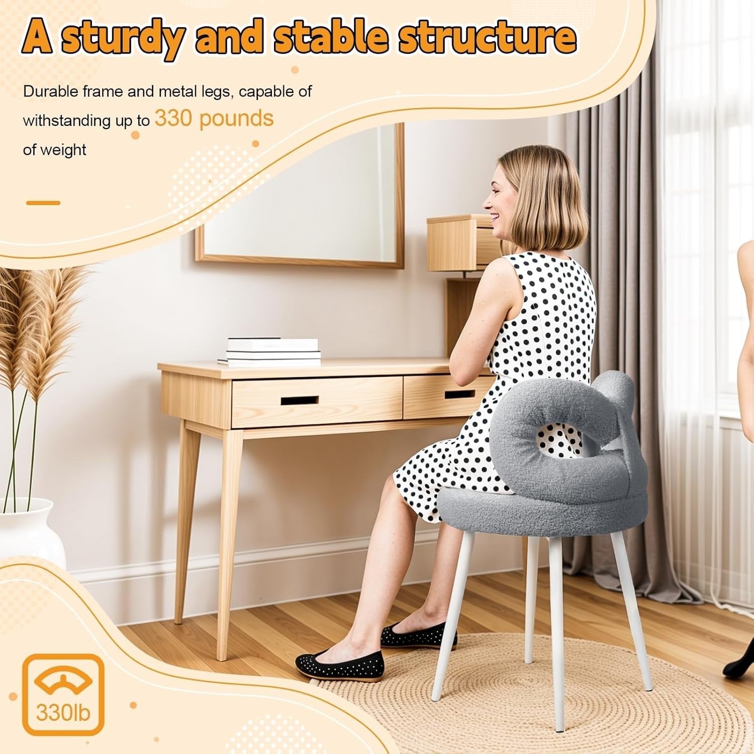 Grey Bowknot Vanity Stool Faux Wool Makeup Chair Adjustable Feet Modern