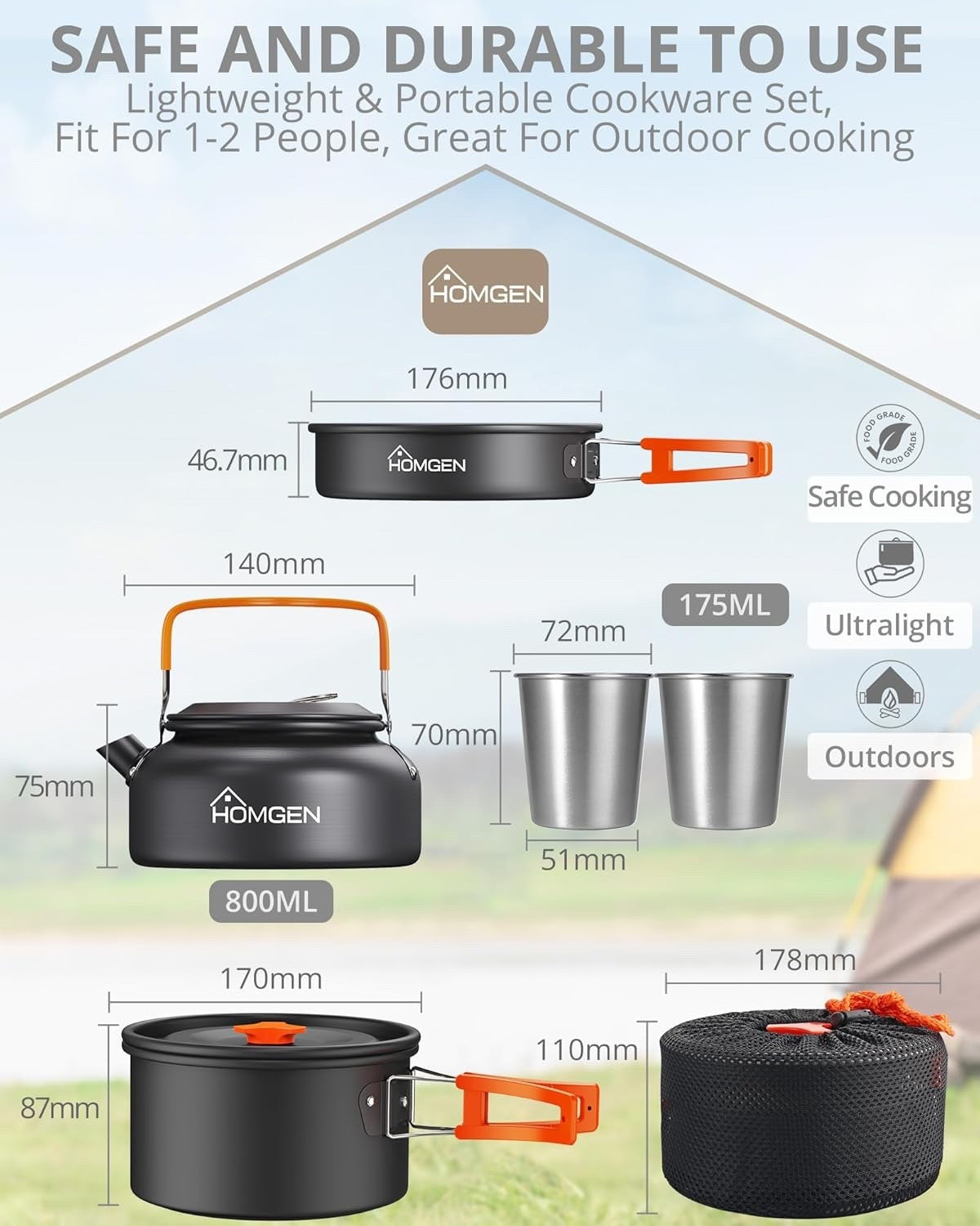Orang Camping Cookware Set with Pot Frying Pan, Kettle & Utensils for 2–3 People