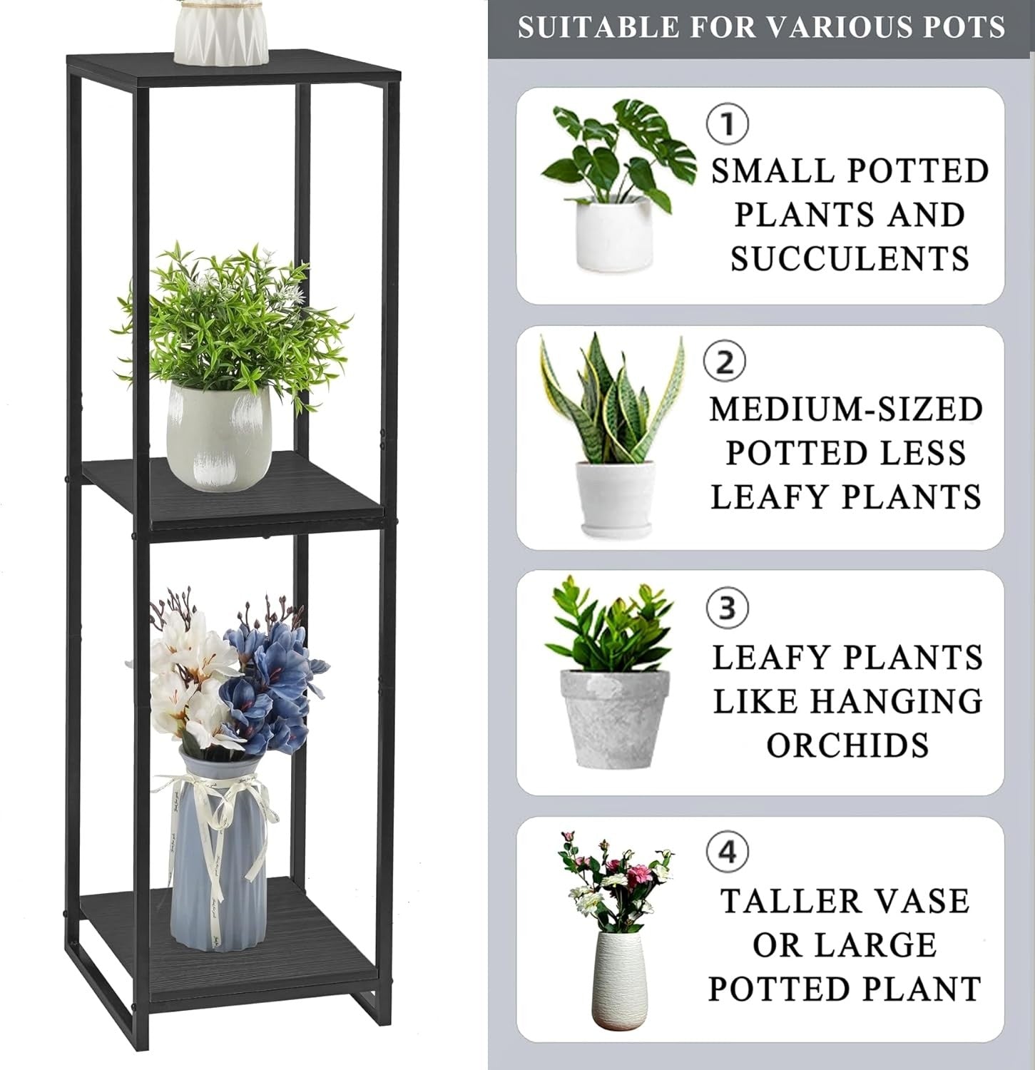 46" Tall 3 Tier Black Metal Plant Stand Indoor Modern Flower Pot Shelf