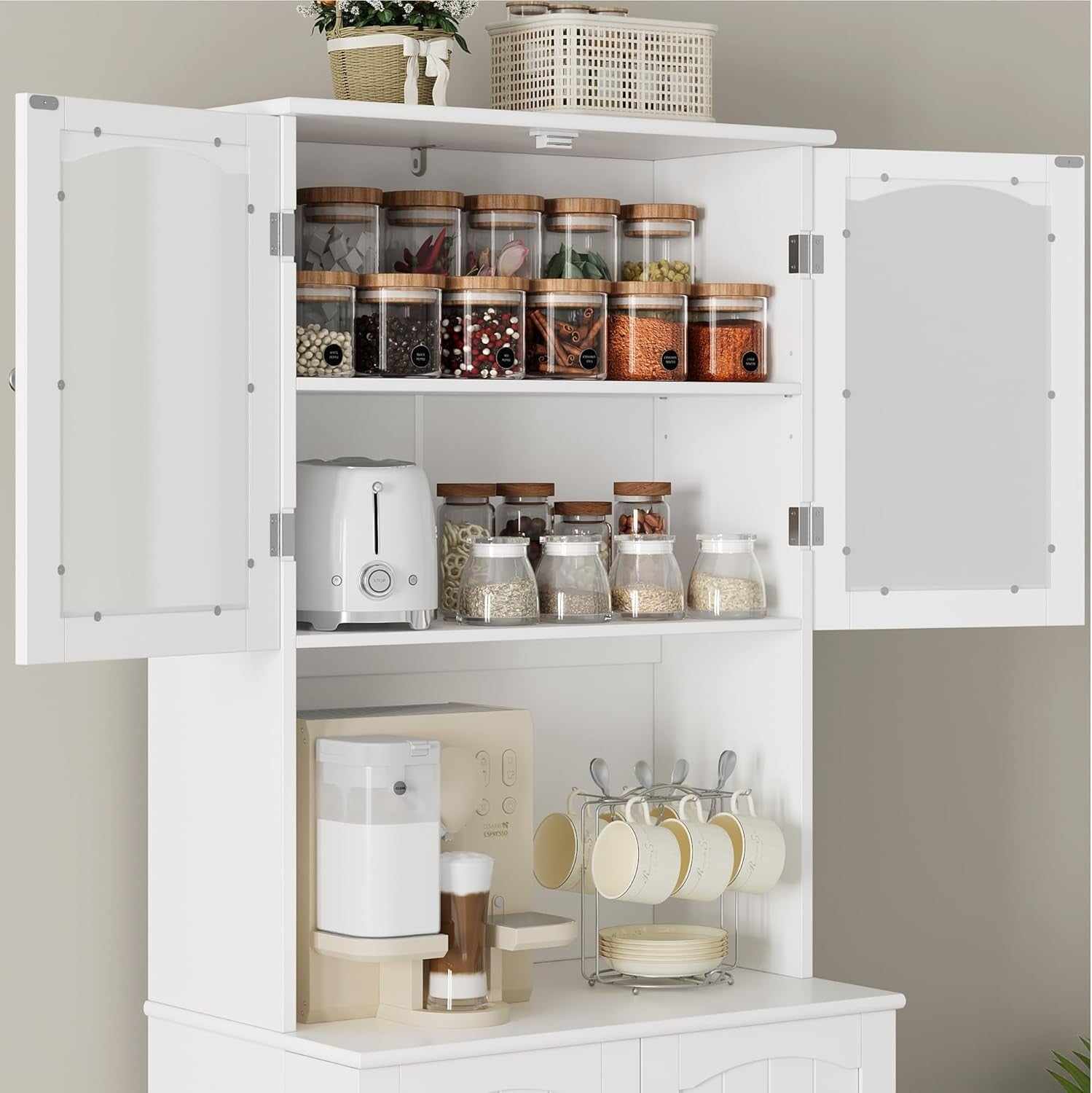 181cm Tall Kitchen Cupboard White 4 Doors Adjustable Shelves Storage Cabinet
