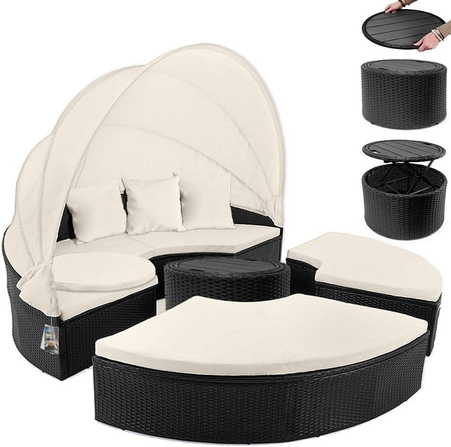 2 Person Rattan Garden Sun Island Lounger Bed with Canopy & Table Outdoor Set
