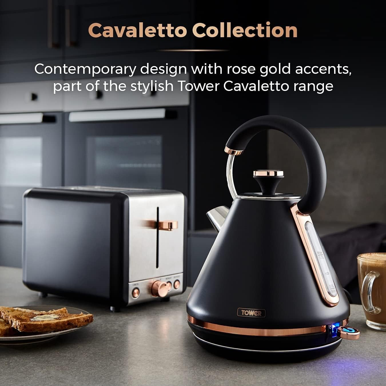 3000W Black Rose Gold Kettle 1.7L Rapid Boil Cordless Modern Pyramid