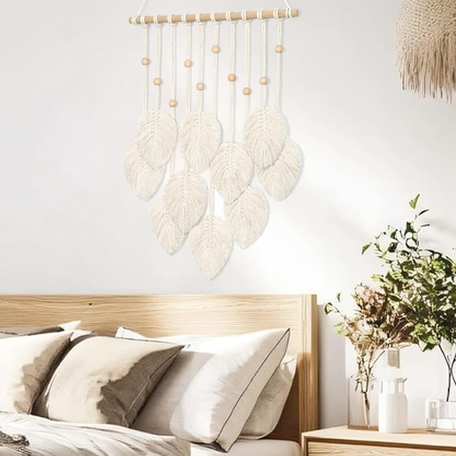 Macrame Wall Hanging Beige Leaf Boho Tassel Wall Decor Handmade