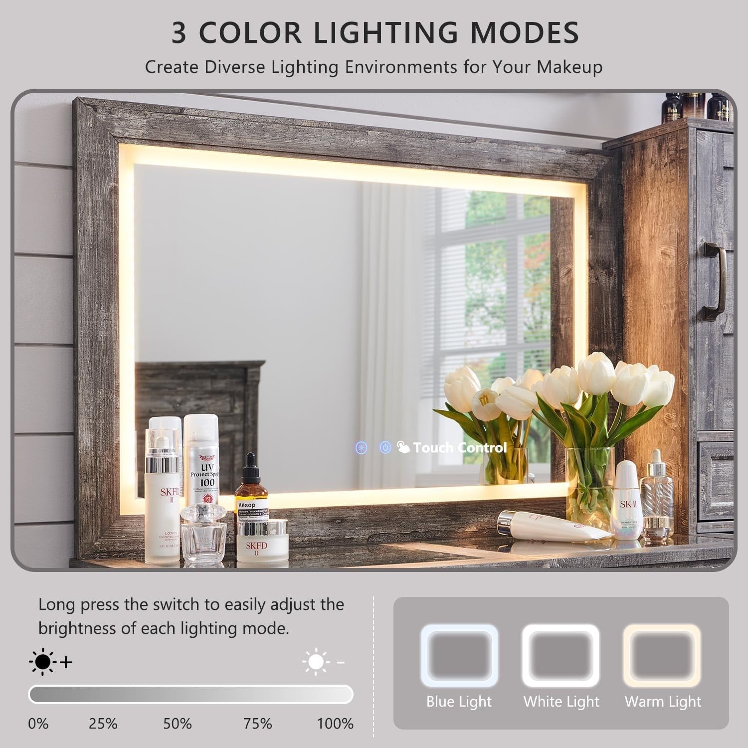 Grey Vanity Desk Makeup Table w/ LED Lighted Mirror Glass Top Storage Drawers