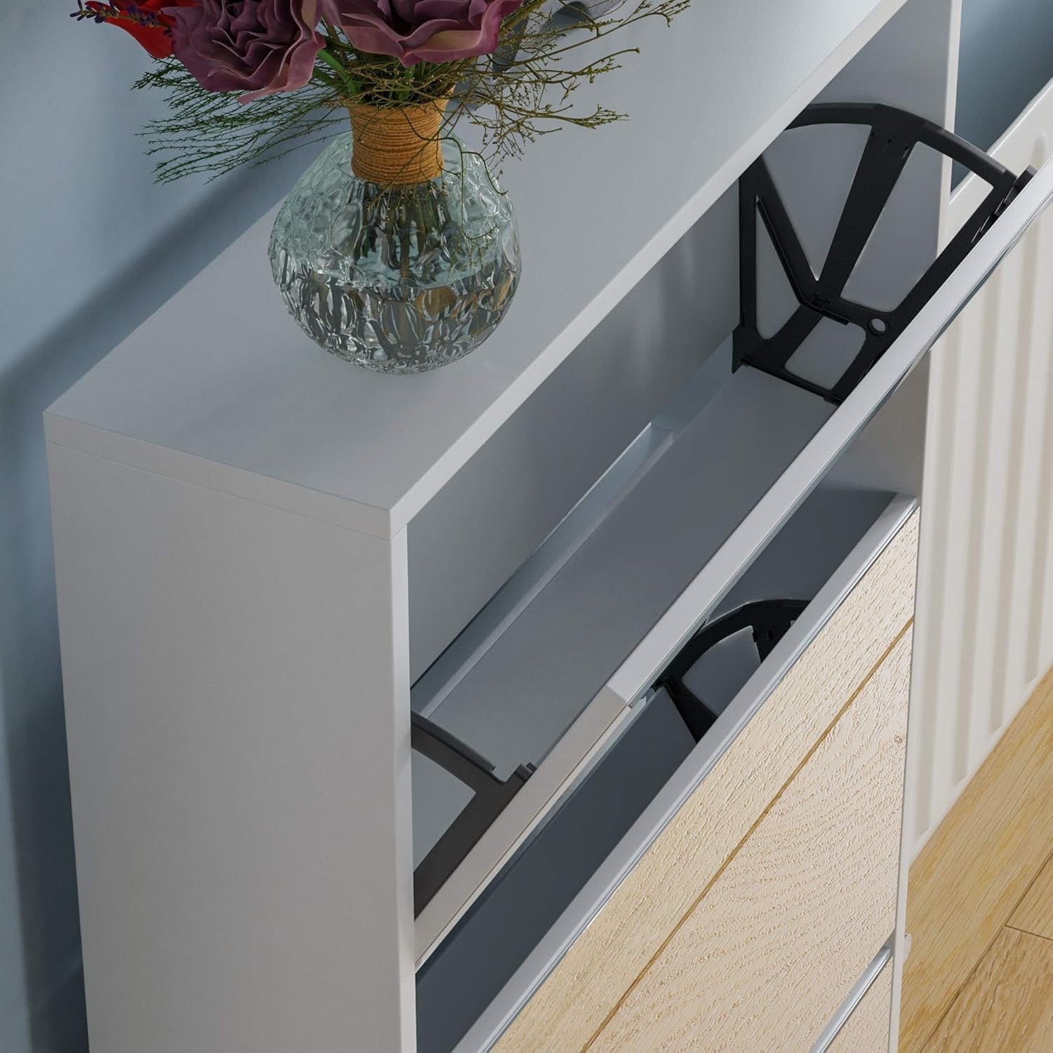 Mirrored 3-Drawer Shoe Cabinet Hallway Storage Unit 62x16.5x100cm White