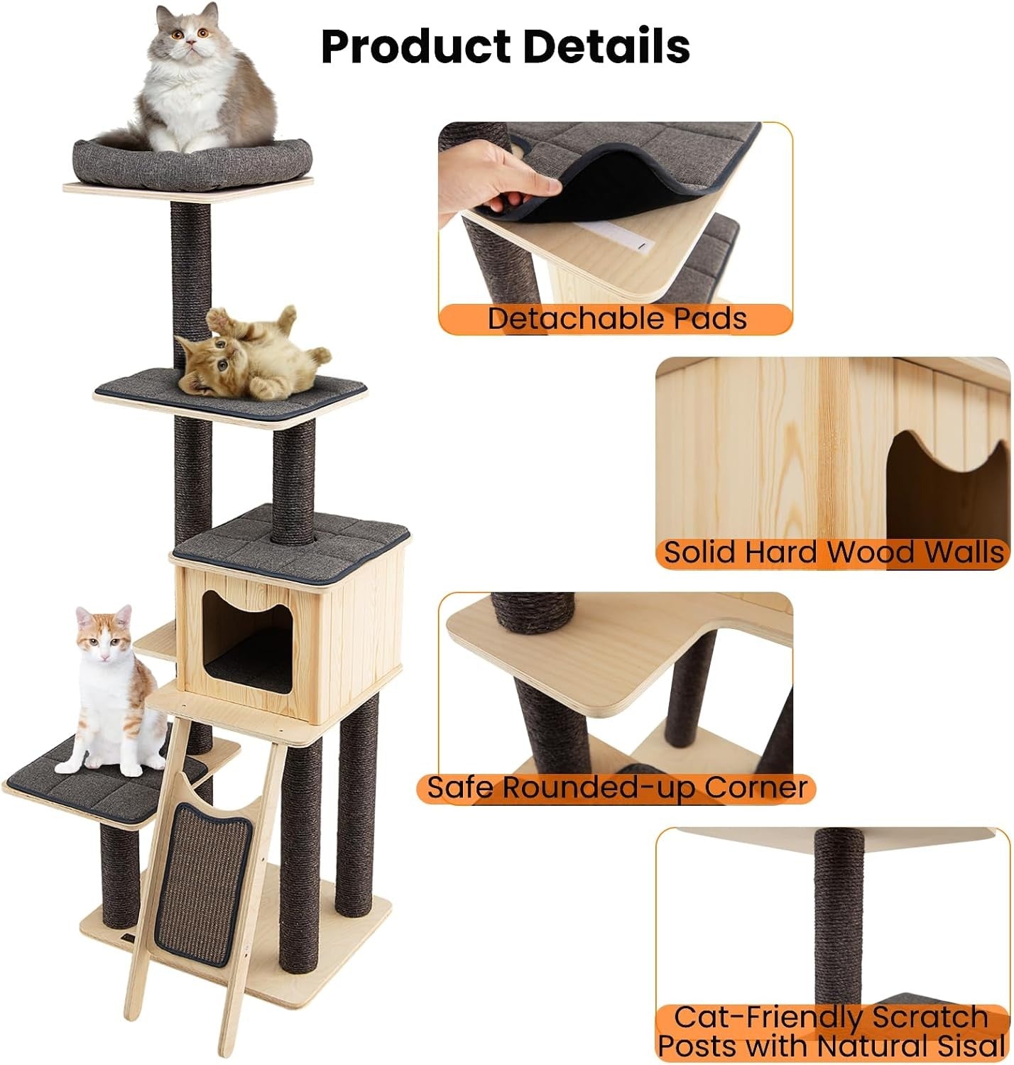 175cm Tall Wooden Cat Tree Multi Level Scratching Tower with Condo & Perch