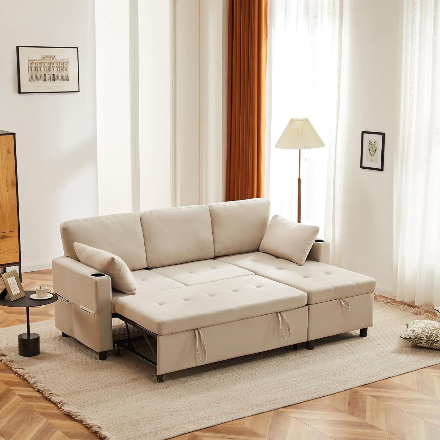 L Shape Sofa Bed w/Storage Pull Out Sleeper Cup Holders Beige 3 Seater