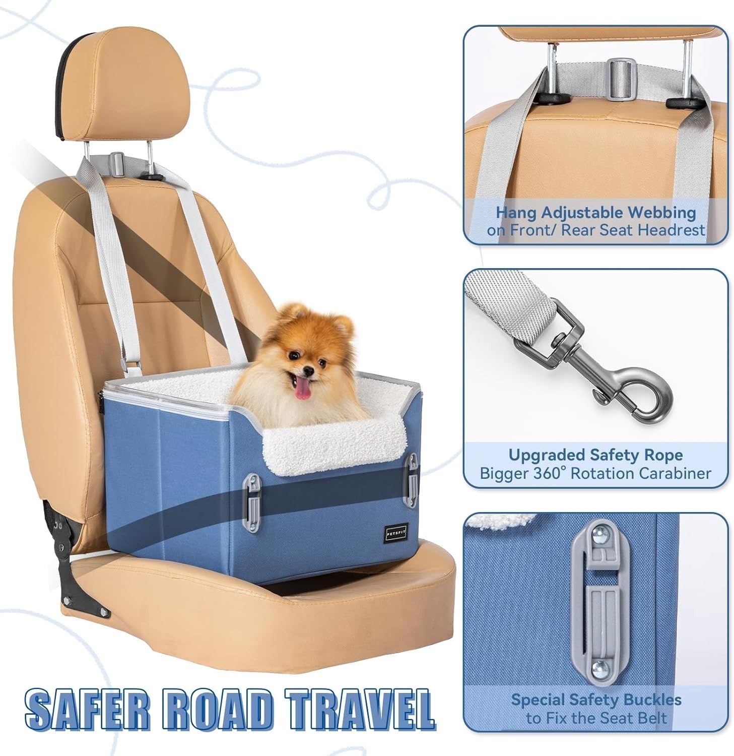 Dog Booster Car Seat Adjustable Height Travel Bed Safety Leashes Blue