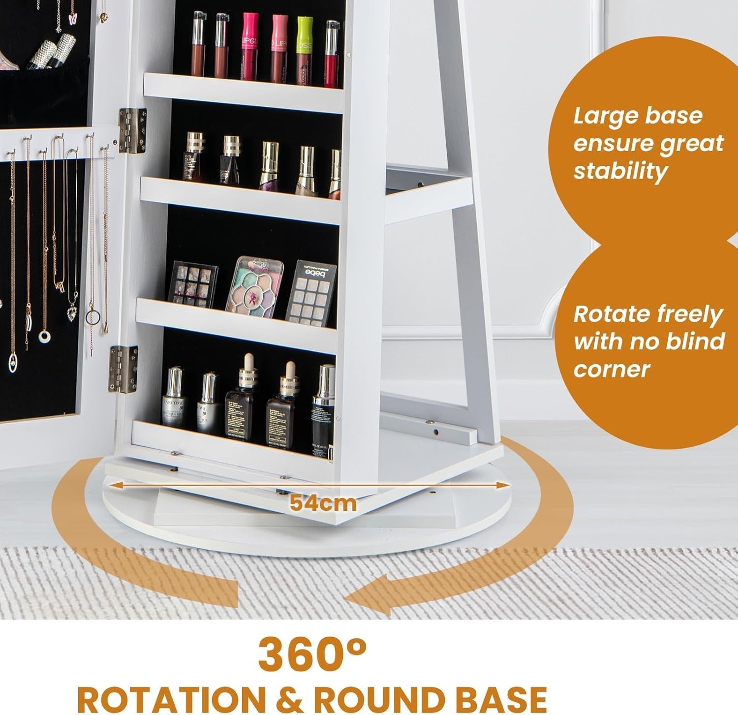 White 360° Swivel LED Jewelry Cabinet Mirror Lockable 3-in-1 Storage