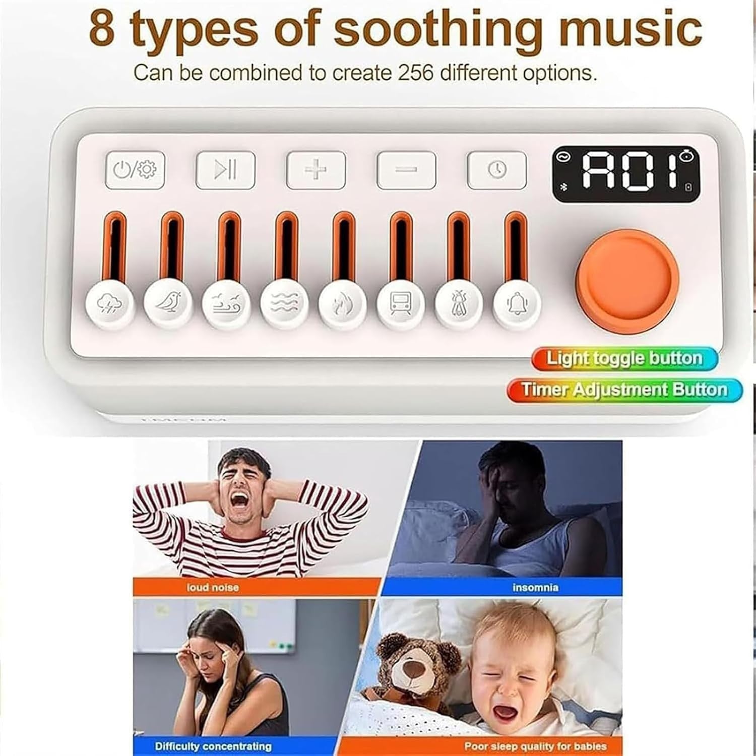 Portable White Noise Sound Machine 3-in-1 Speaker 8 Soothing Sounds