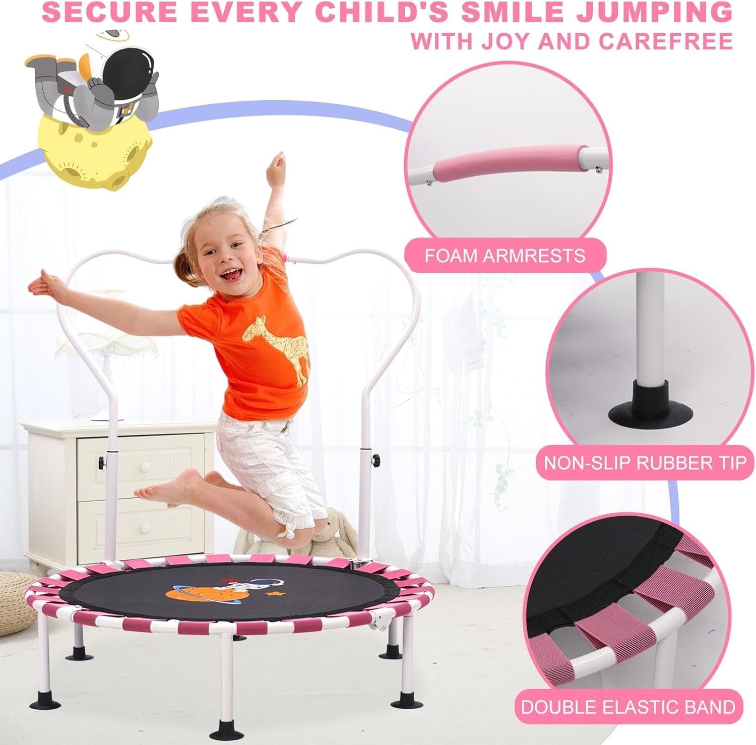 39in Toddler Trampoline Height Adjustable Foldable Kids Indoor Pink