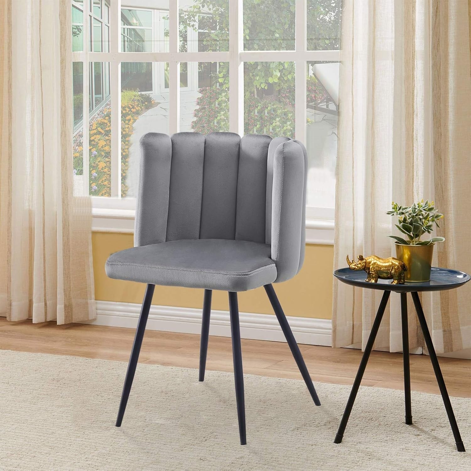Grey Velvet Dining Chair Modern Tub Armchair Black Metal Legs