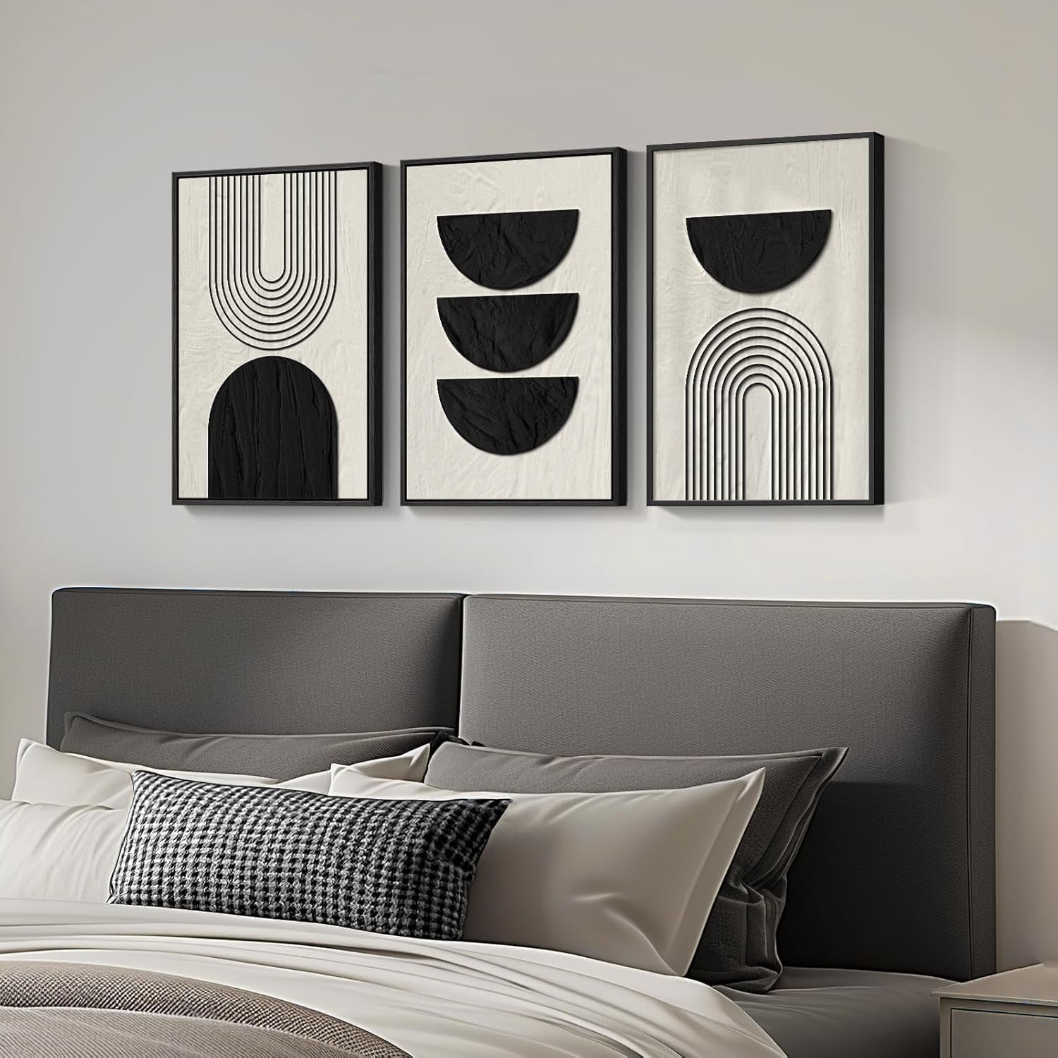 Boho Black White Abstract Canvas Wall Art 3 Panels 16x24" Decor