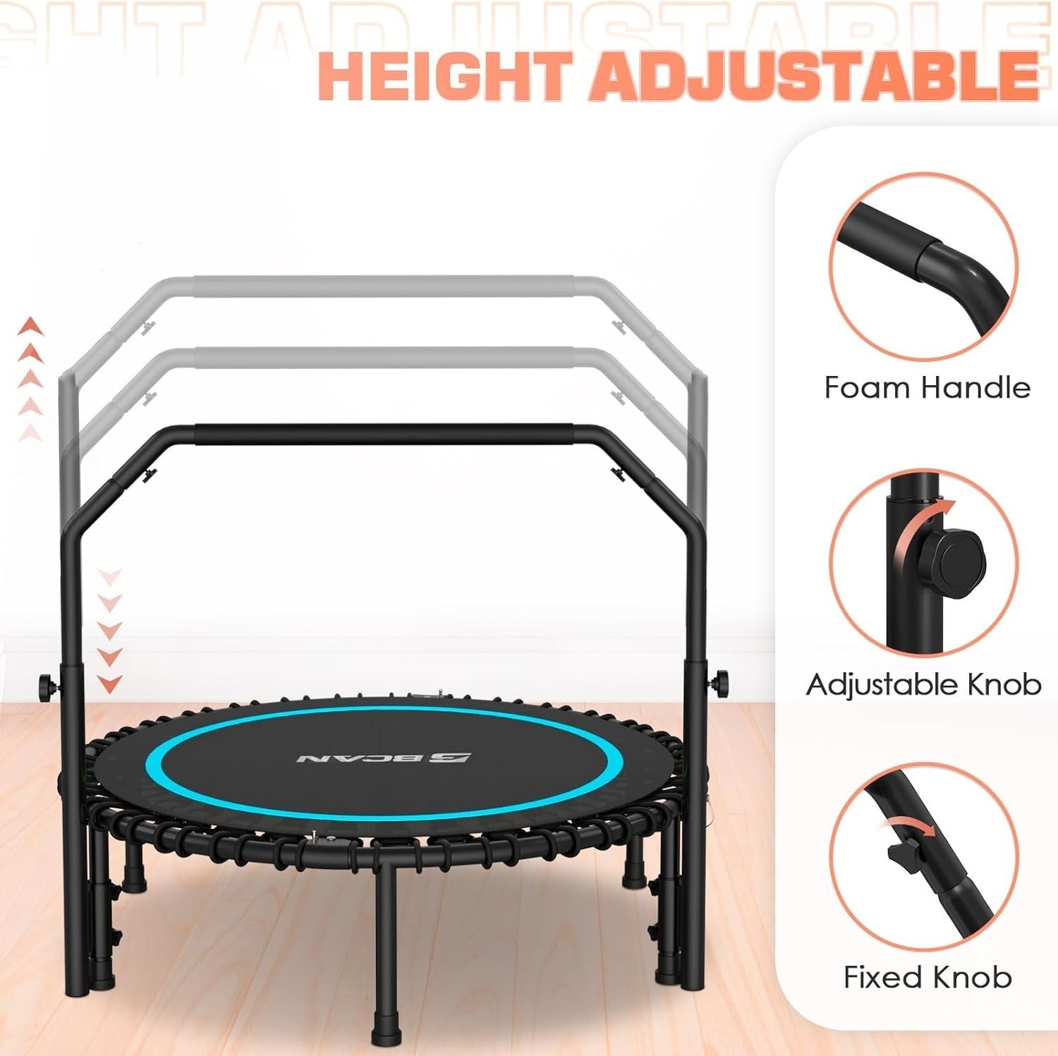 40in Fitness Rebounder Trampoline Adjustable Handle Silent Bungee 450lb