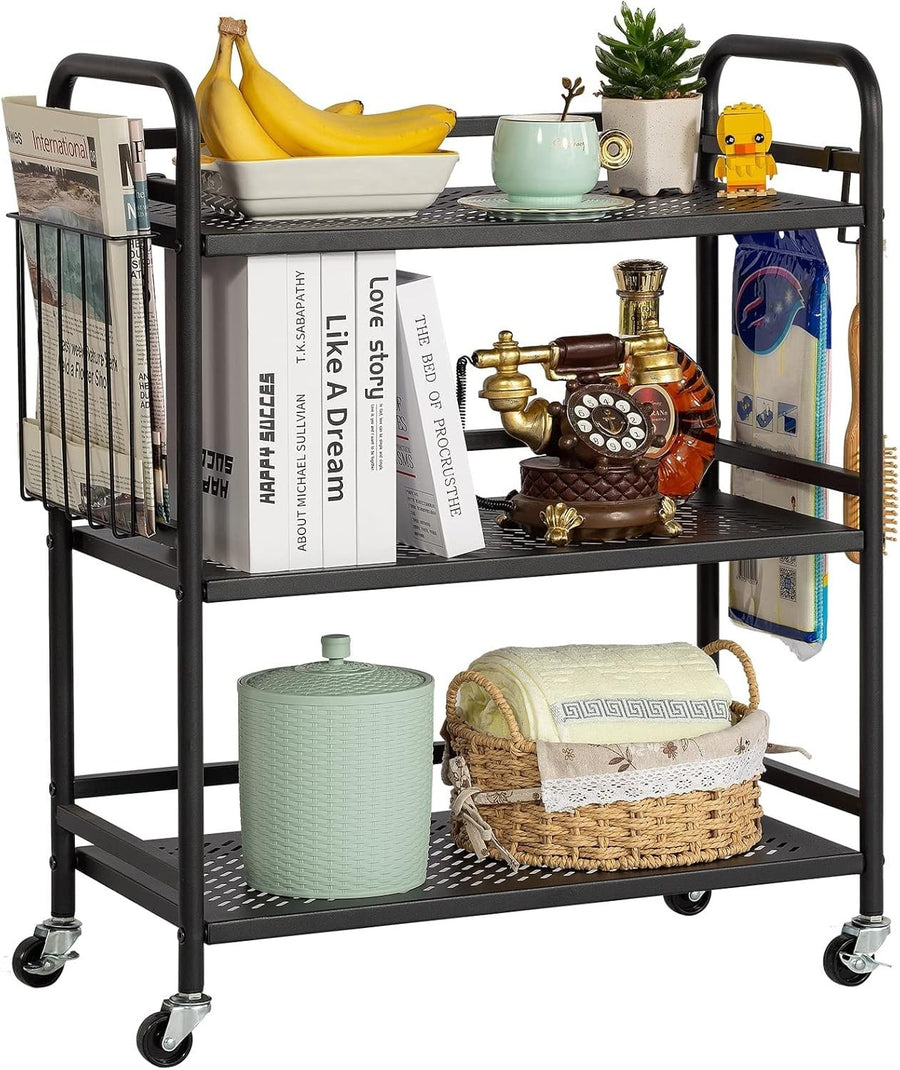 3 Tier Metal Mesh Rolling Utility Cart Heavy Duty Storage Trolley Black