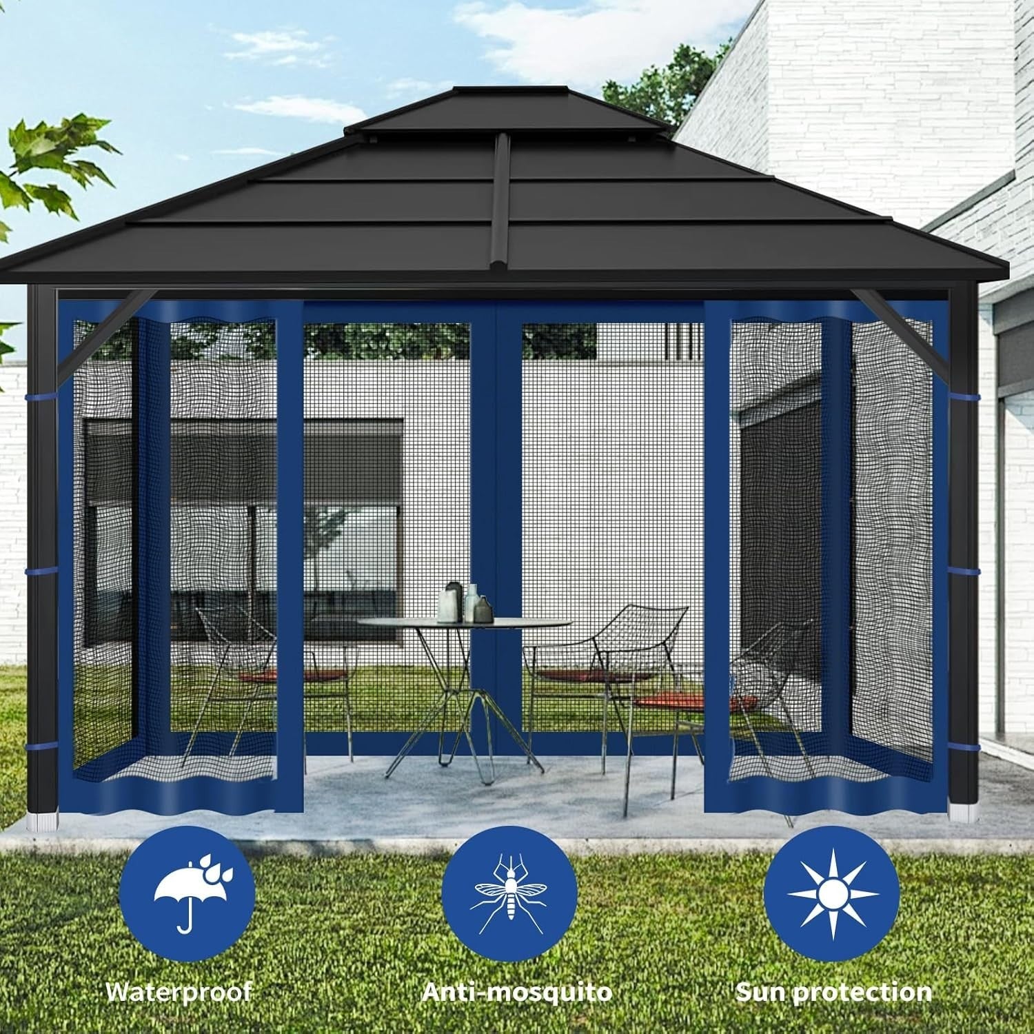 10x10ft Navy Blue Gazebo Mosquito Netting 4 Panels Zipper Sidewalls Outdoor