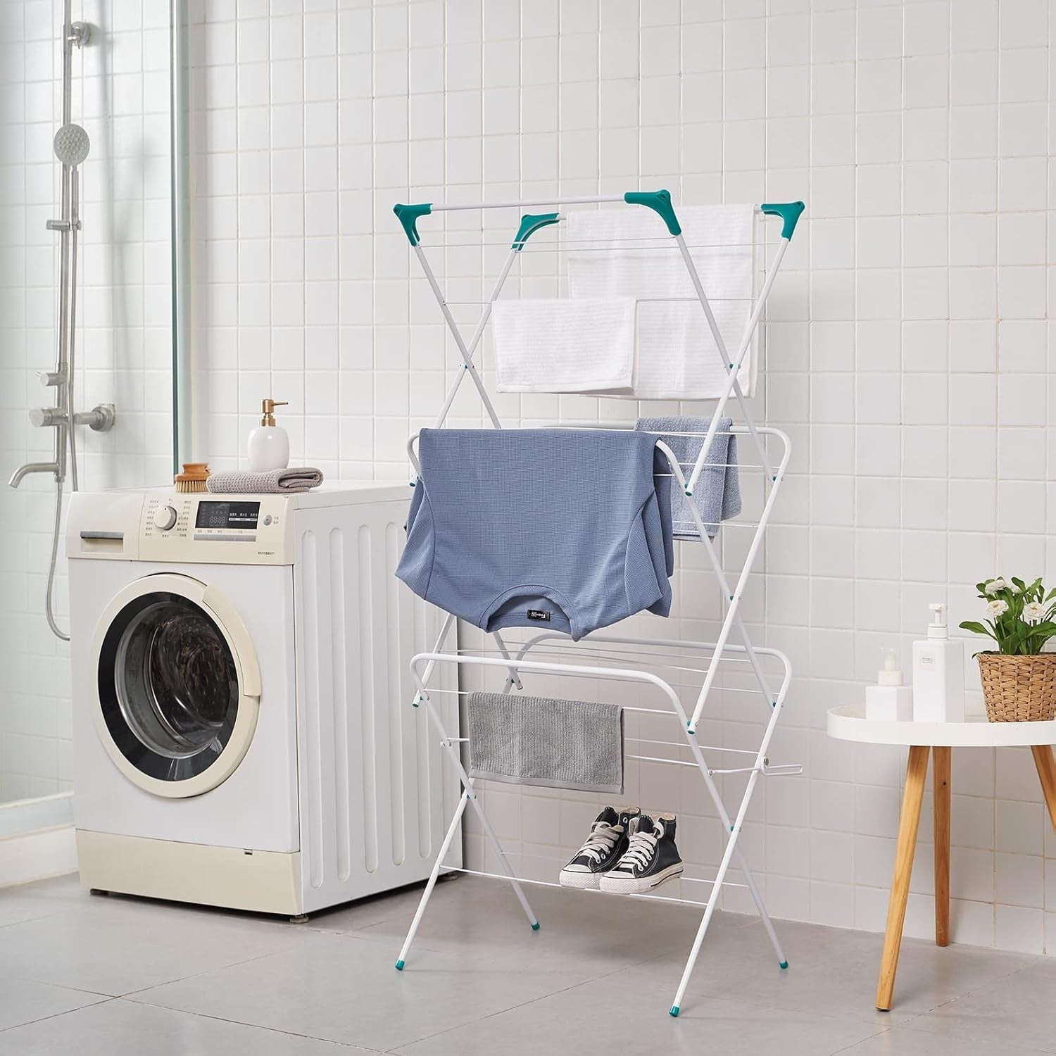 14m Clothes Airer 3 Tier Folding Laundry Drying Rack with Corner Hooks Indoor