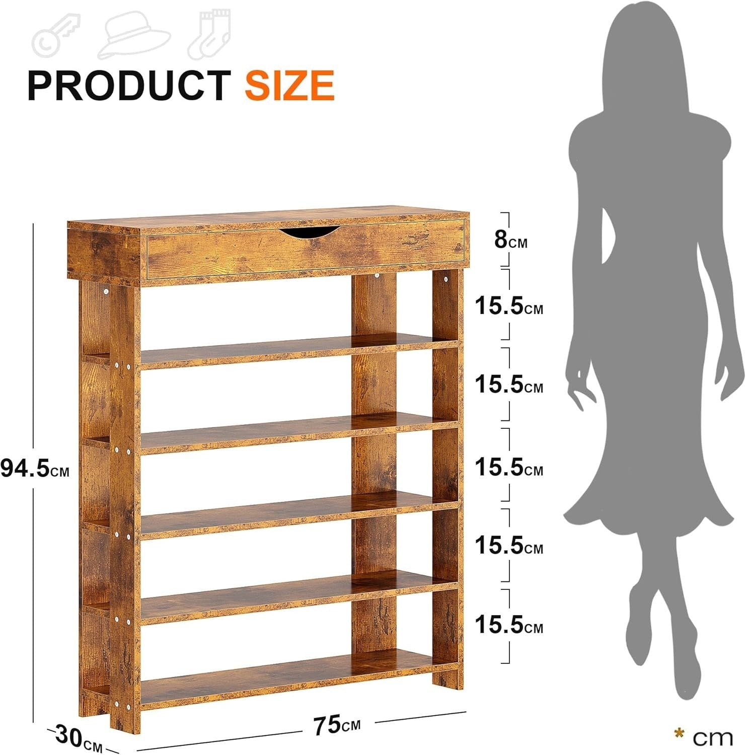 5-Tier Wooden Shoe Rack with Drawer, Space-Saving Storage Shelf 75x30x94cm