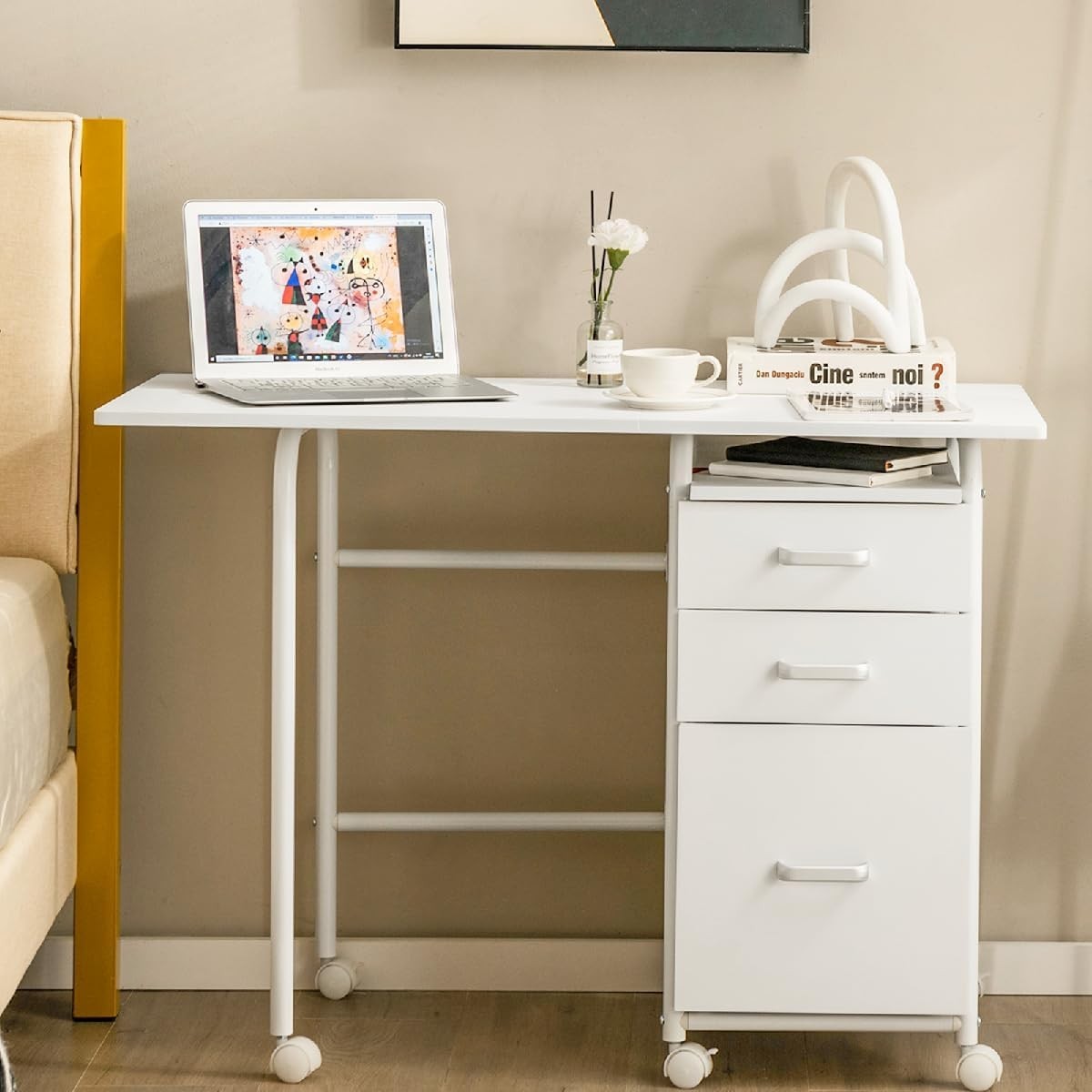 Folding Computer Desk with Wheels & Drawers 105x50x75cm, White