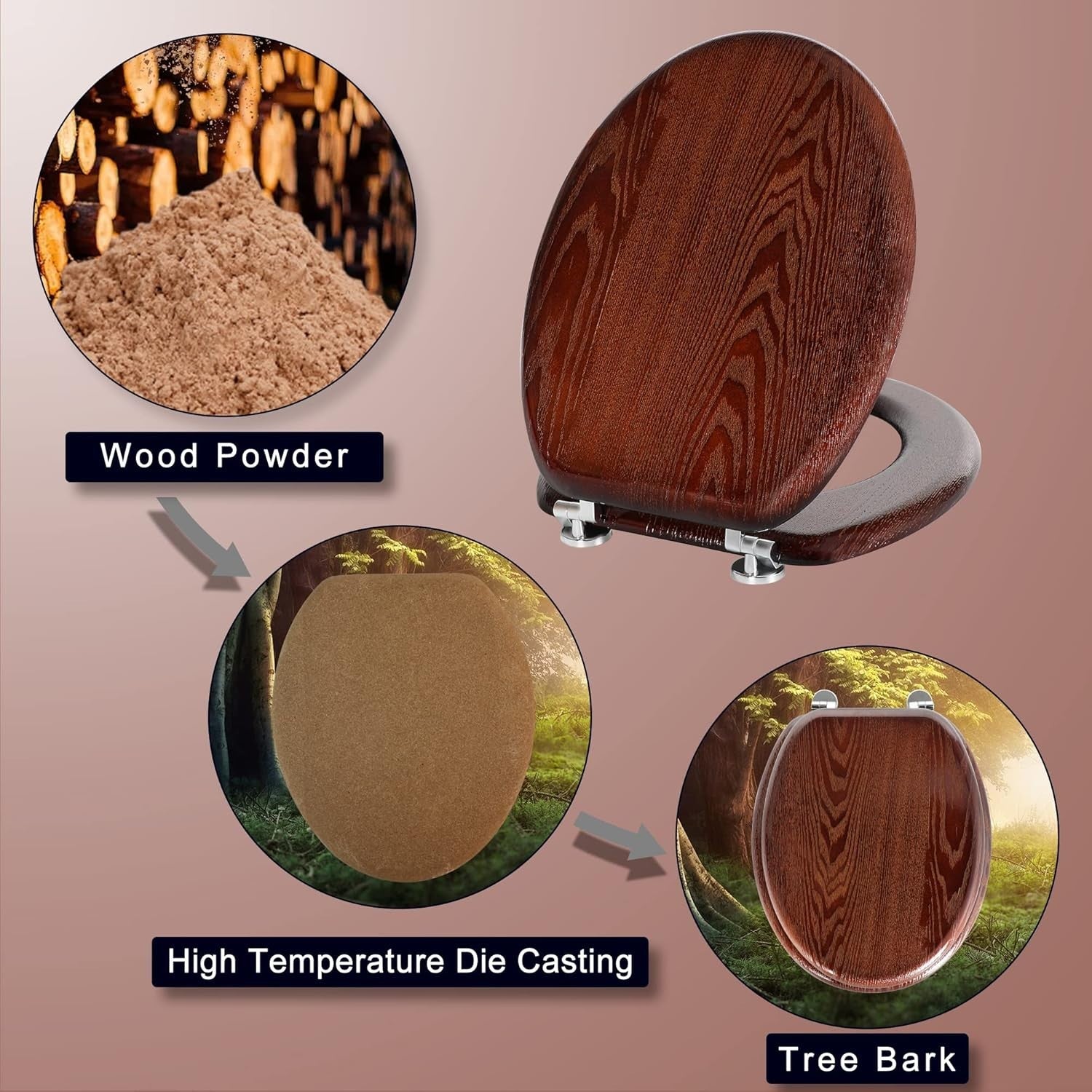 Angel Shield Wooden Toilet Seat Antibacterial Oval Dark Walnut Adjustable Zinc