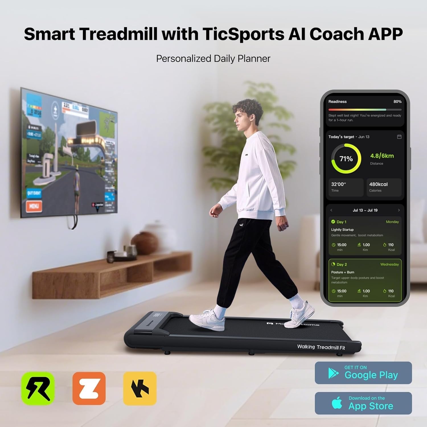 Compact Under Desk Treadmill 6KM/H AI Coaching LED Display Home Office