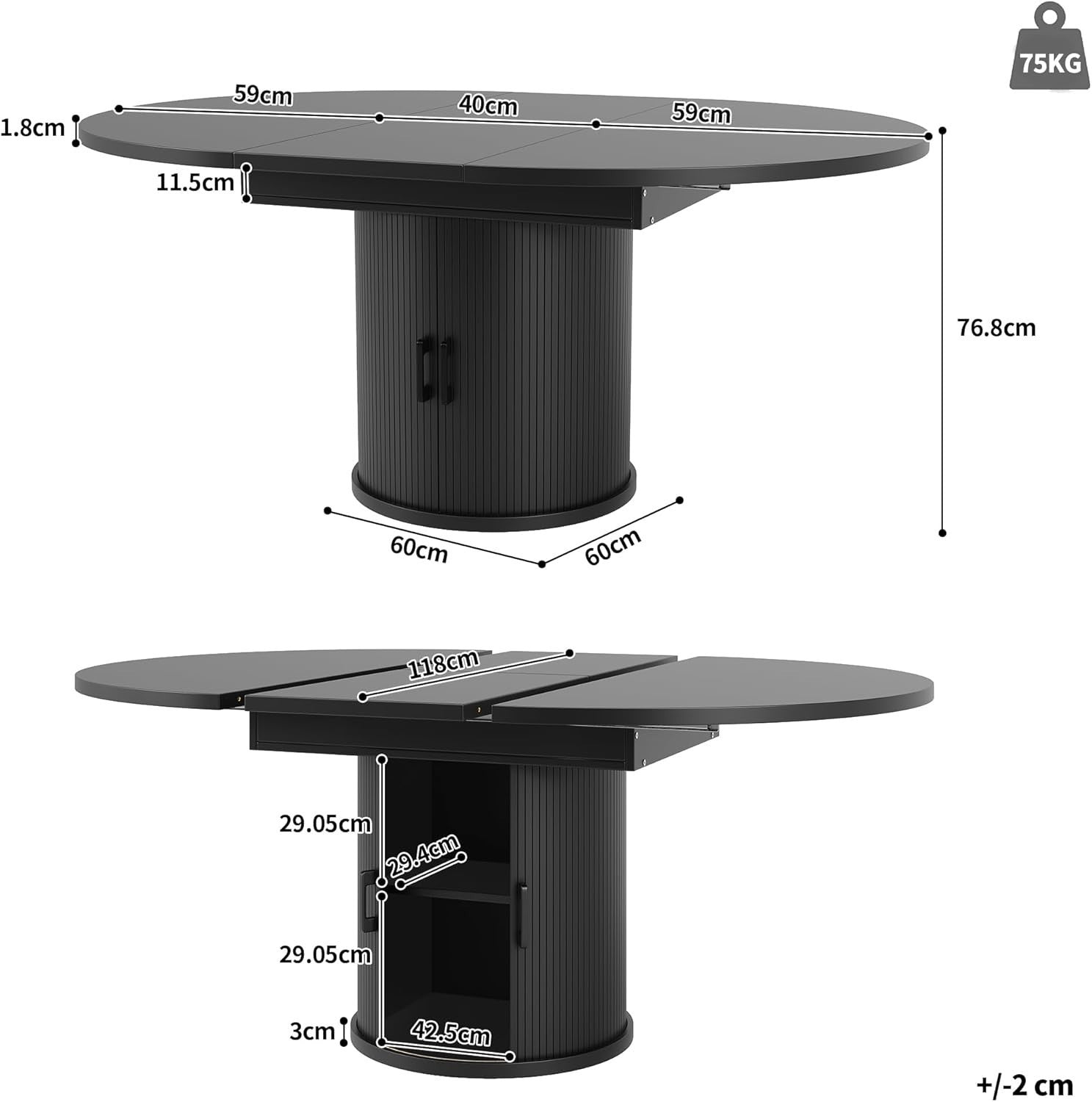 Extendable Round Dining Table Black Storage 118-158cm Oval