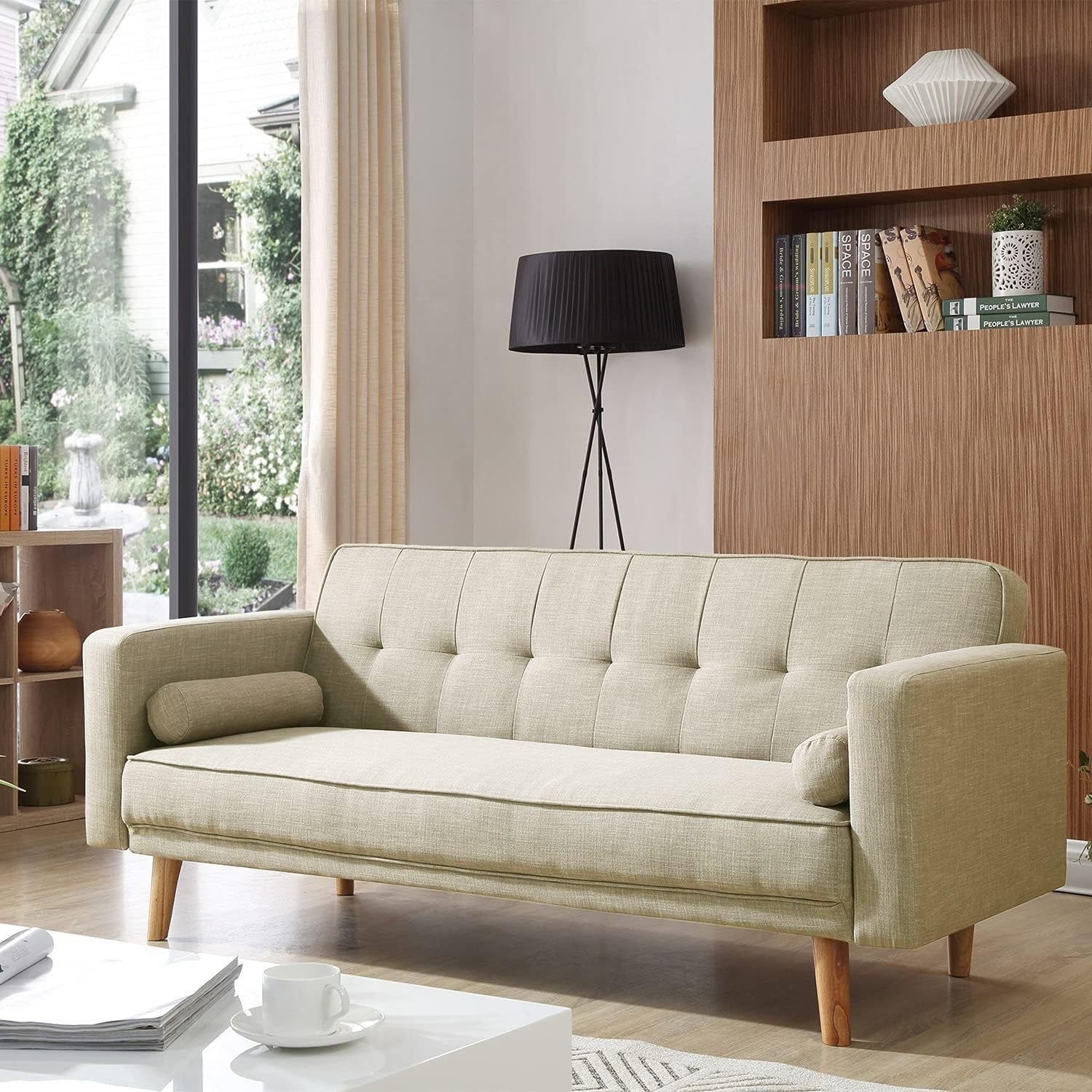 Cream 3 Seater Sofa Bed Linen Fabric Click Clack Couch for Guest Rooms