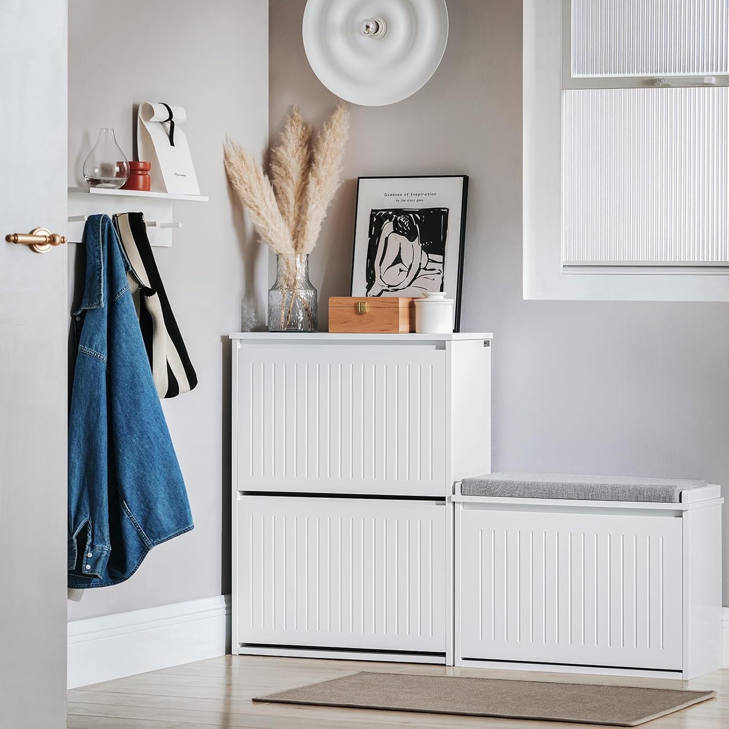 Slim Shoe Storage Cabinet – 2 Flip Drawers, Narrow Hallway Unit, White MDF