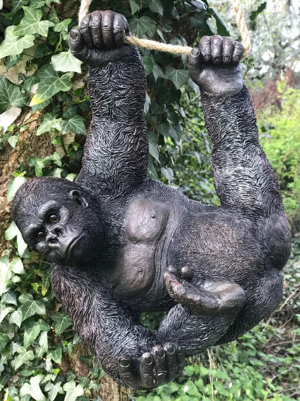 Swinging Gorilla Garden Ornament 80cm Rope Hanging Ape Decor Outdoor Resin