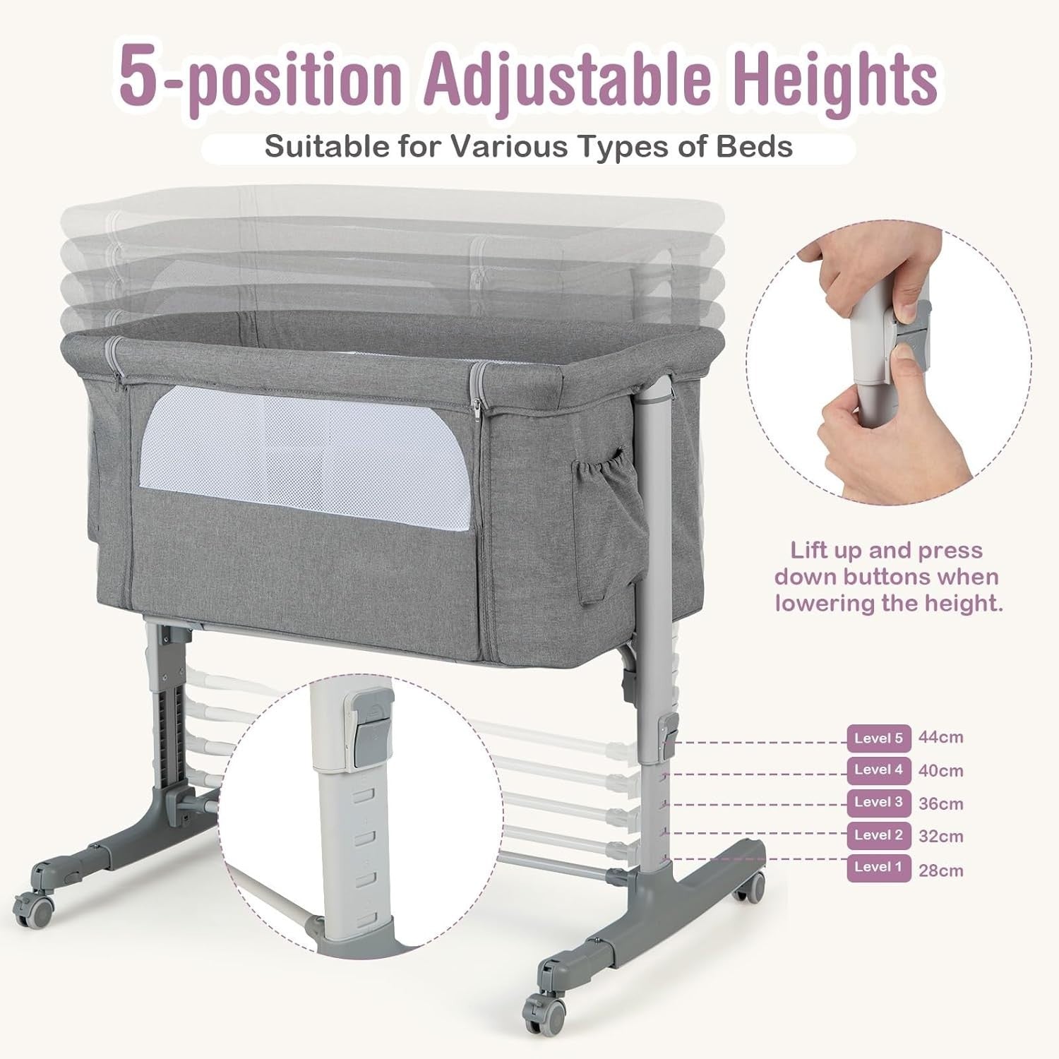 3in1 Baby Bassinet Bedside Crib Co-Sleeper Cot with Mattress & Wheels Light Grey