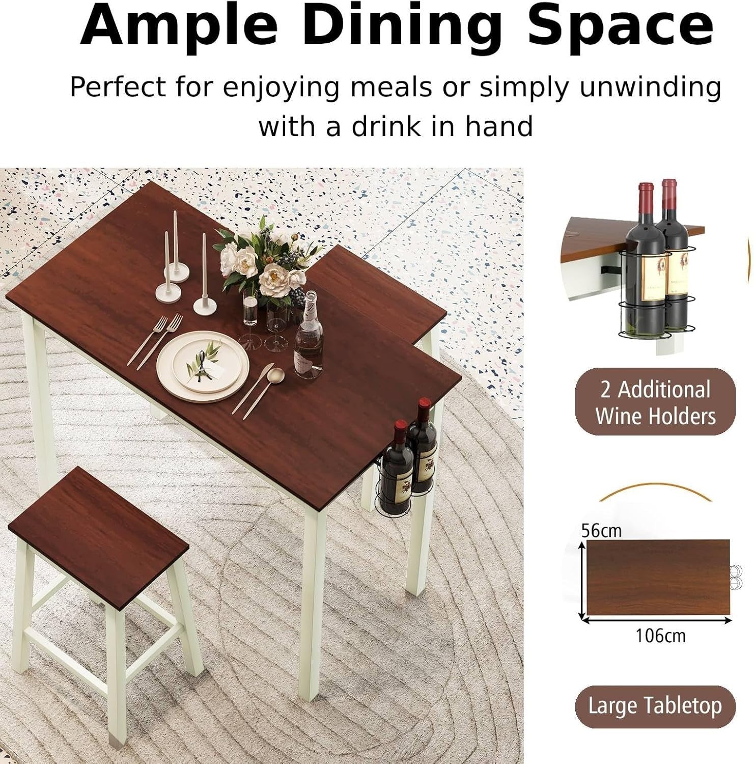 Cream White & Walnut Space-Saving Bar Table Set 2 Stools, Wine Holders, Footrest